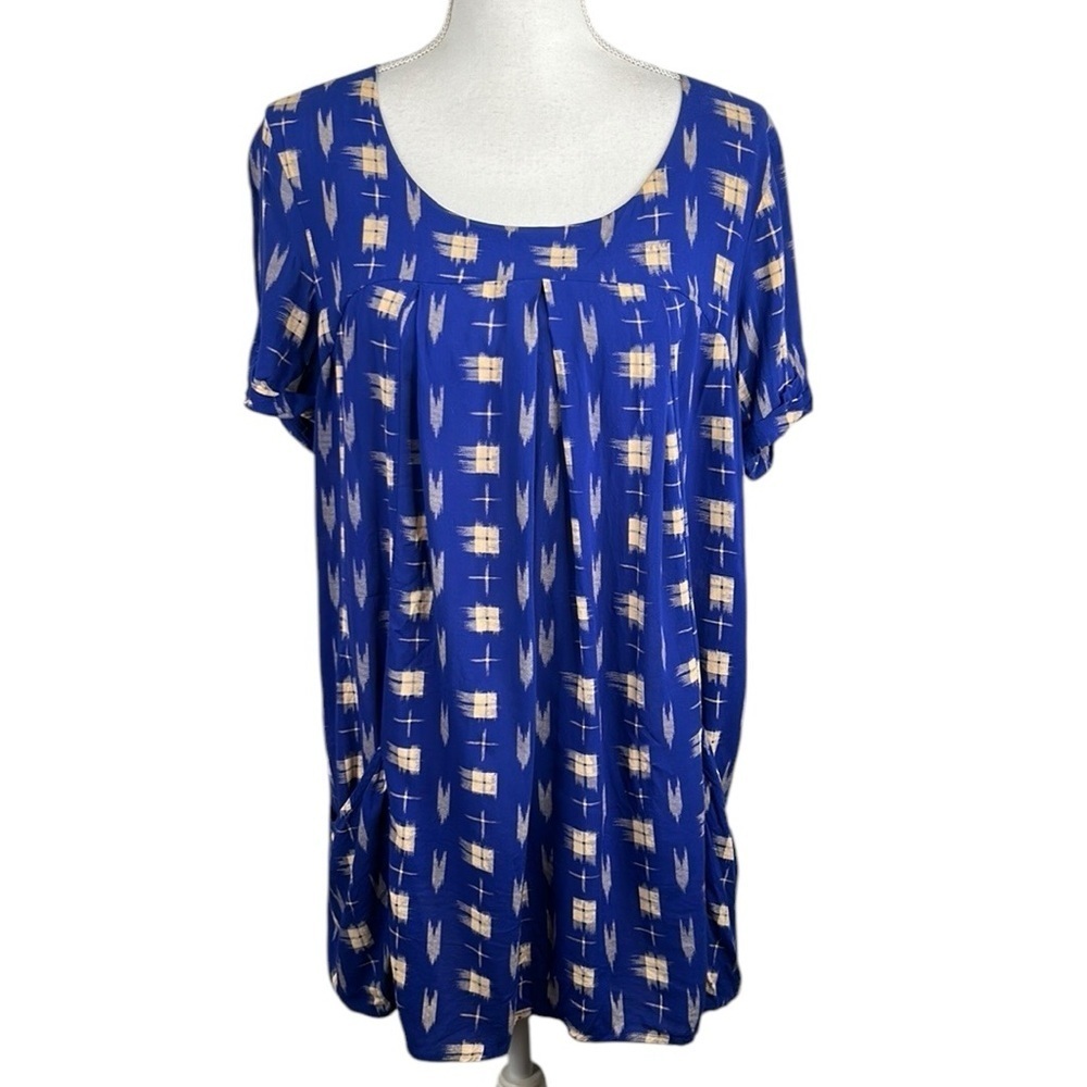 Holding Horses Blue & Tan Round Neck Flowy Casual Cap Sleeve Top Size Small